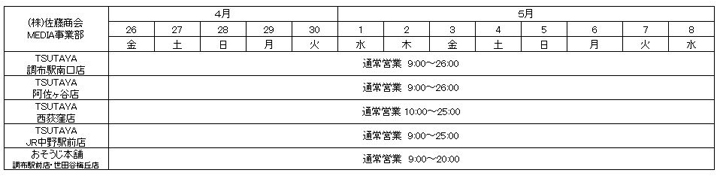 MEDIA事業部 TSUTAYA 各店・おそうじ本舗のゴールデンウィーク営業時間表
