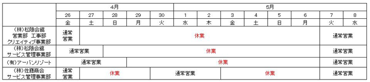 松陰会舘・アーバンリゾート・佐藤商会サービス管理事業部のゴールデンウィーク営業時間表