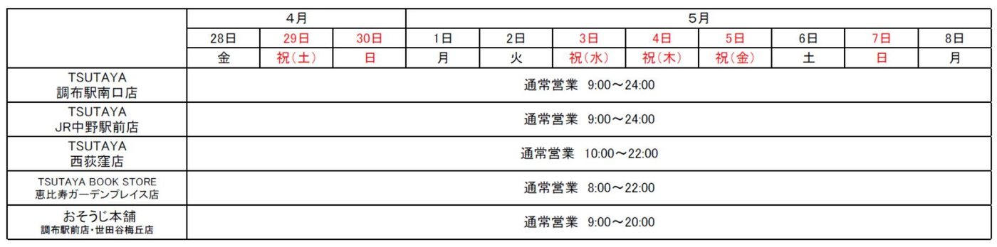 TSUTAYA 各店・おそうじ本舗のゴールデンウィーク営業時間表