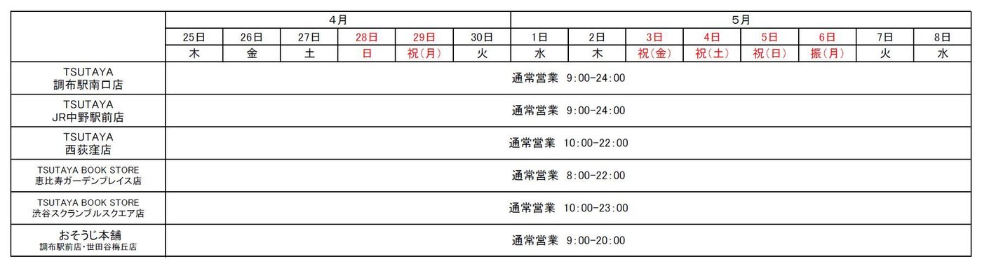 TSUTAYA 各店・おそうじ本舗のゴールデンウィーク営業時間表