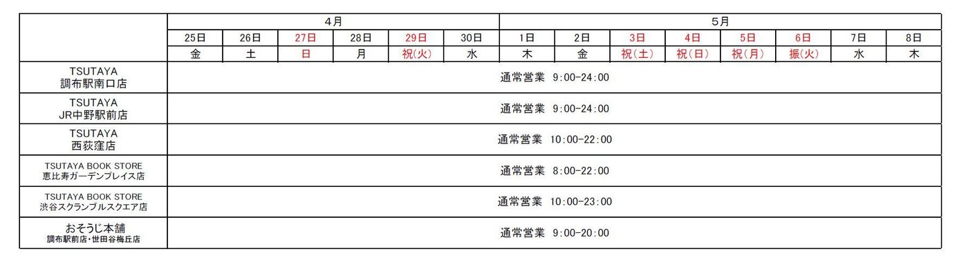 TSUTAYA 各店・おそうじ本舗のゴールデンウィーク営業時間表