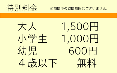 特別料金:大人 1,500円/小学生 1,000円/幼児 600円/4歳以下 無料(期間中の時間制限はなし)