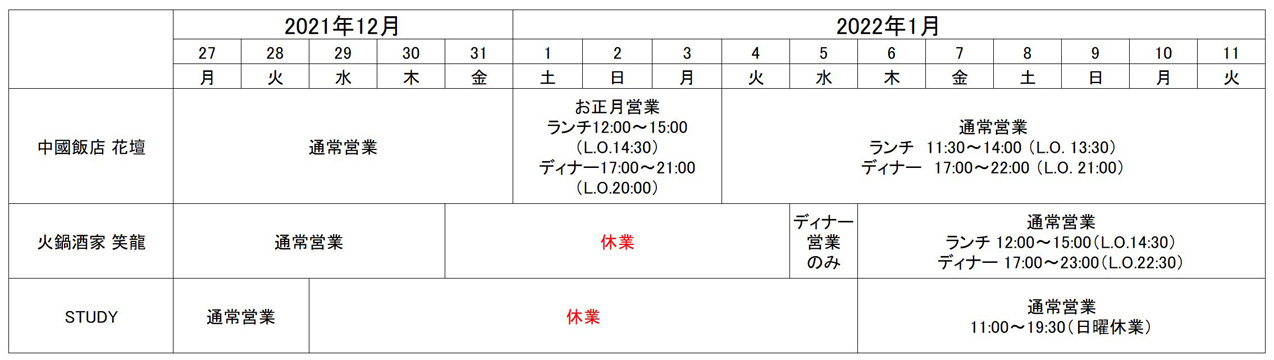 中國飯店 花壇・火鍋酒家 笑龍・STUDYの年末年始営業時間表