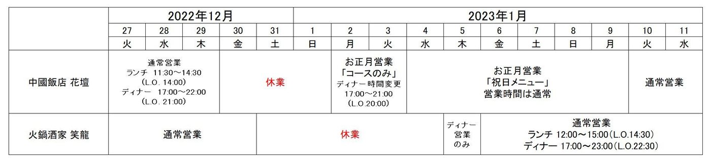 中國飯店 花壇・火鍋酒家 笑龍の年末年始営業時間表