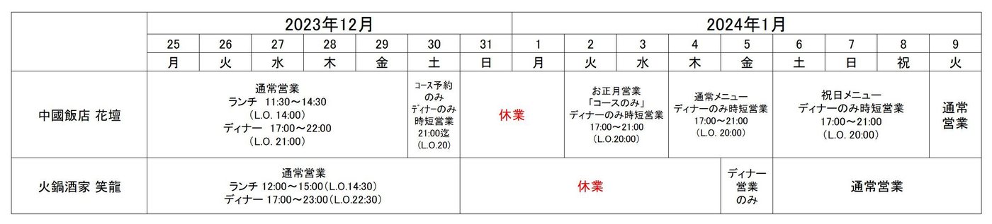 中國飯店 花壇・火鍋酒家 笑龍の年末年始営業時間表