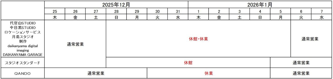 代官山STUDIO各所・スタジオスタンダード・QANDOの年末年始休館日程表
